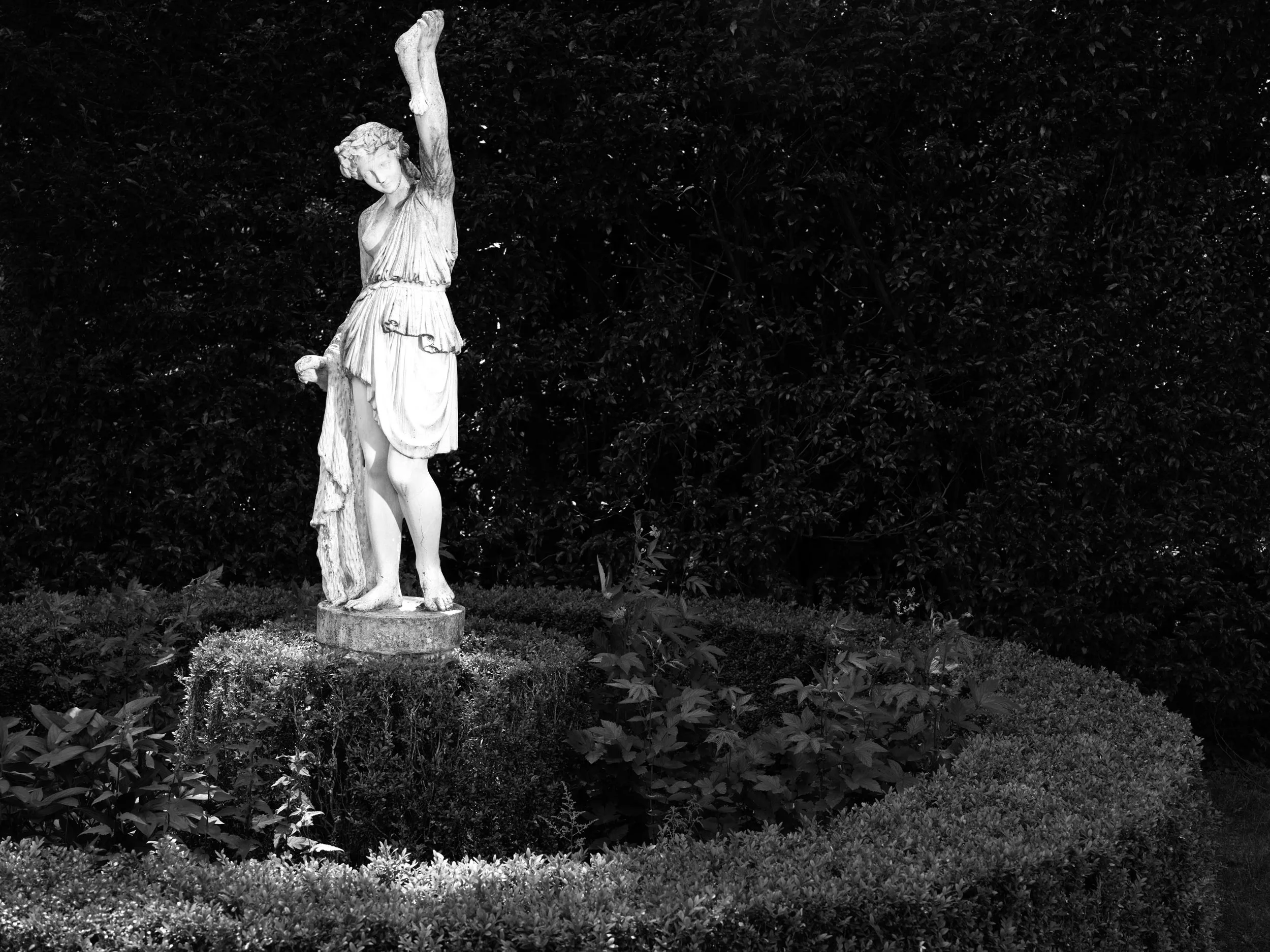In der Mitte einer kreisförmigen Hecke, umgeben von dichtem Laub und teilweise vom Sonnenlicht beleuchtet, steht eine Marmorstatue einer stehenden Figur mit erhobenem Arm.