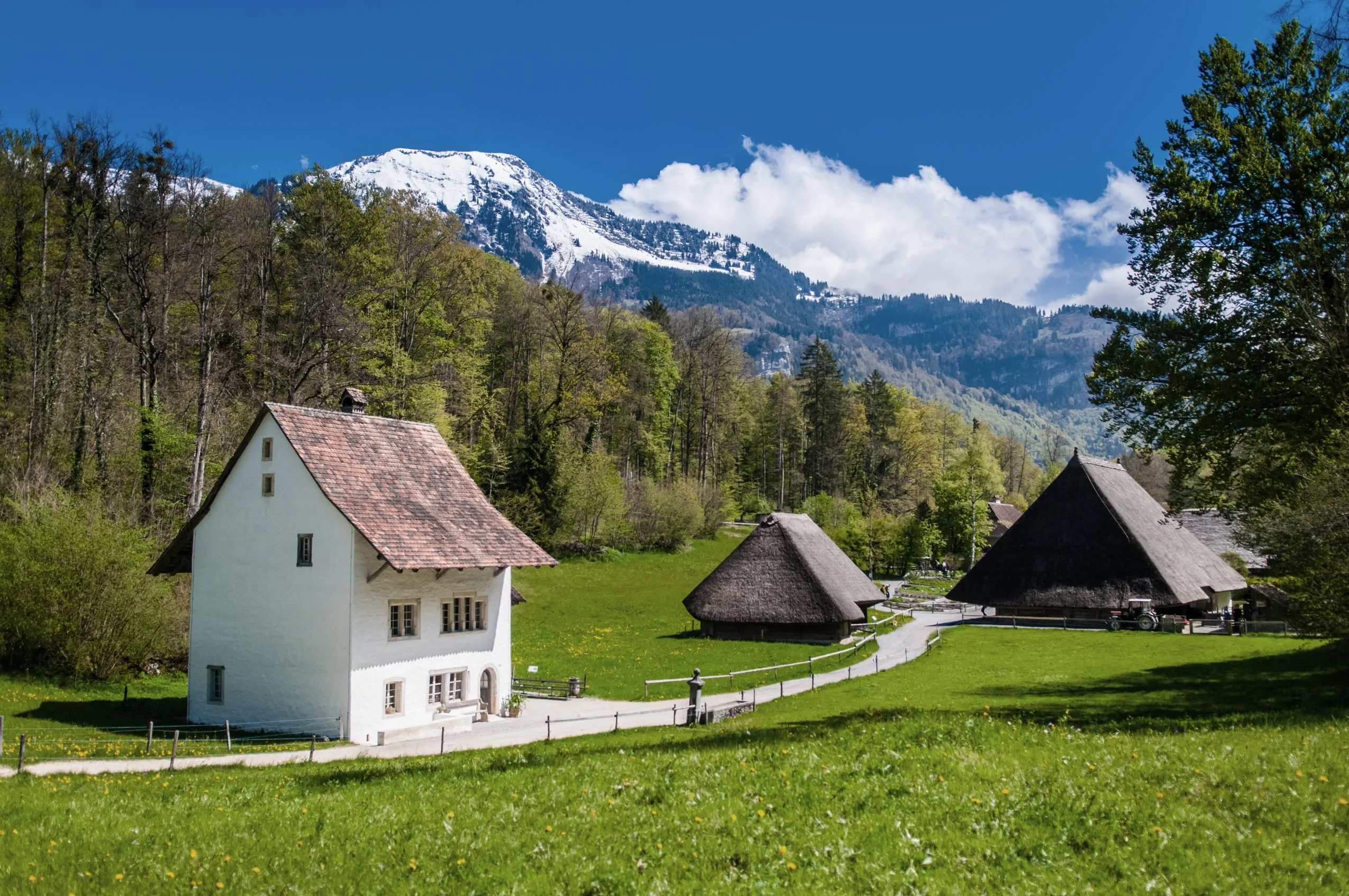 Ein weißes Haus und mehrere Gebäude mit Strohdächern stehen auf einer von Bäumen umgebenen Wiese, im Hintergrund sind schneebedeckte Berge und ein blauer Himmel mit vereinzelten Wolken zu sehen.