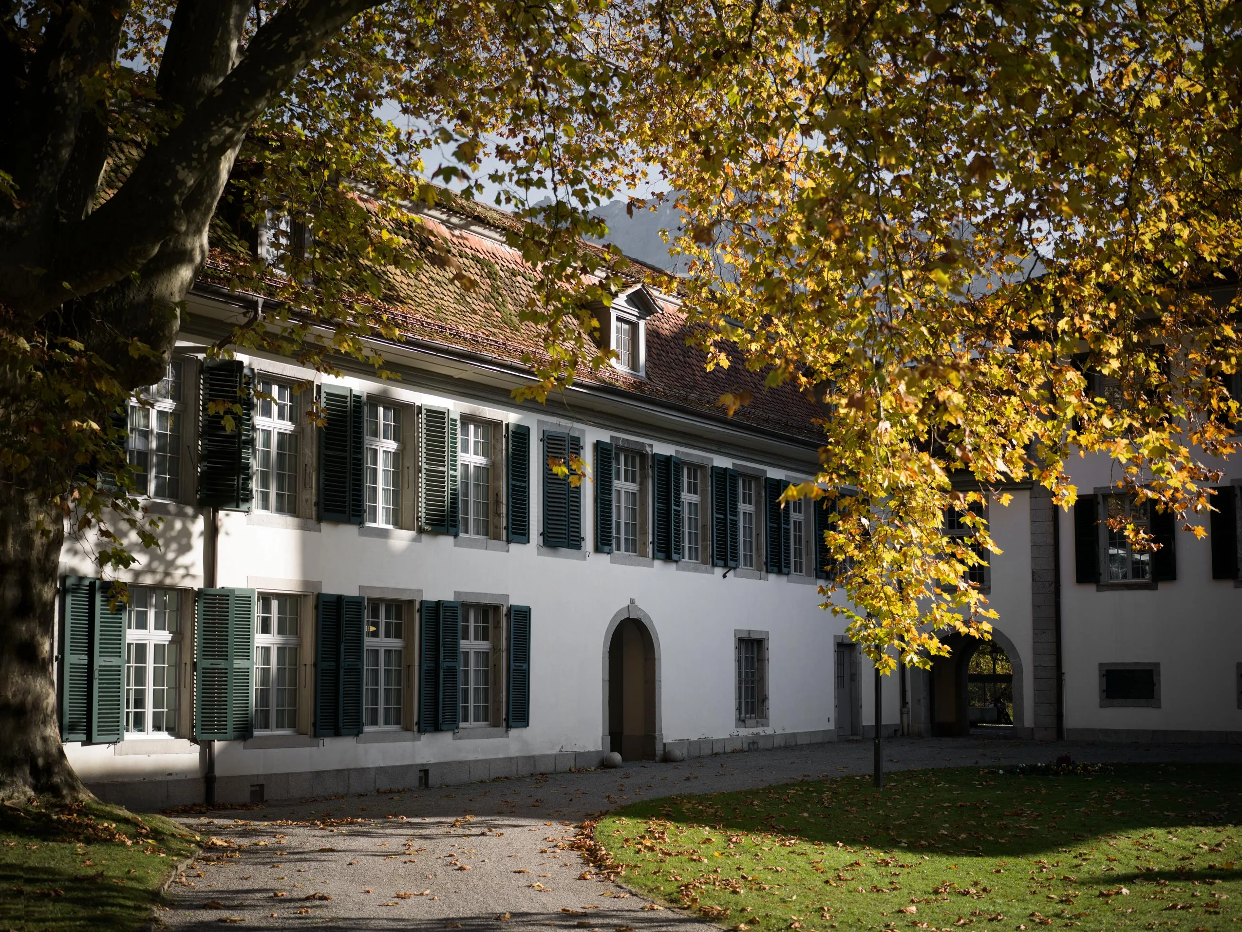 Ein weißes Gebäude mit grünen Fensterläden und einem roten Ziegeldach steht im Halbschatten, umgeben von Herbstbäumen mit gelben Blättern und einem mit Laub bedeckten Rasen.
