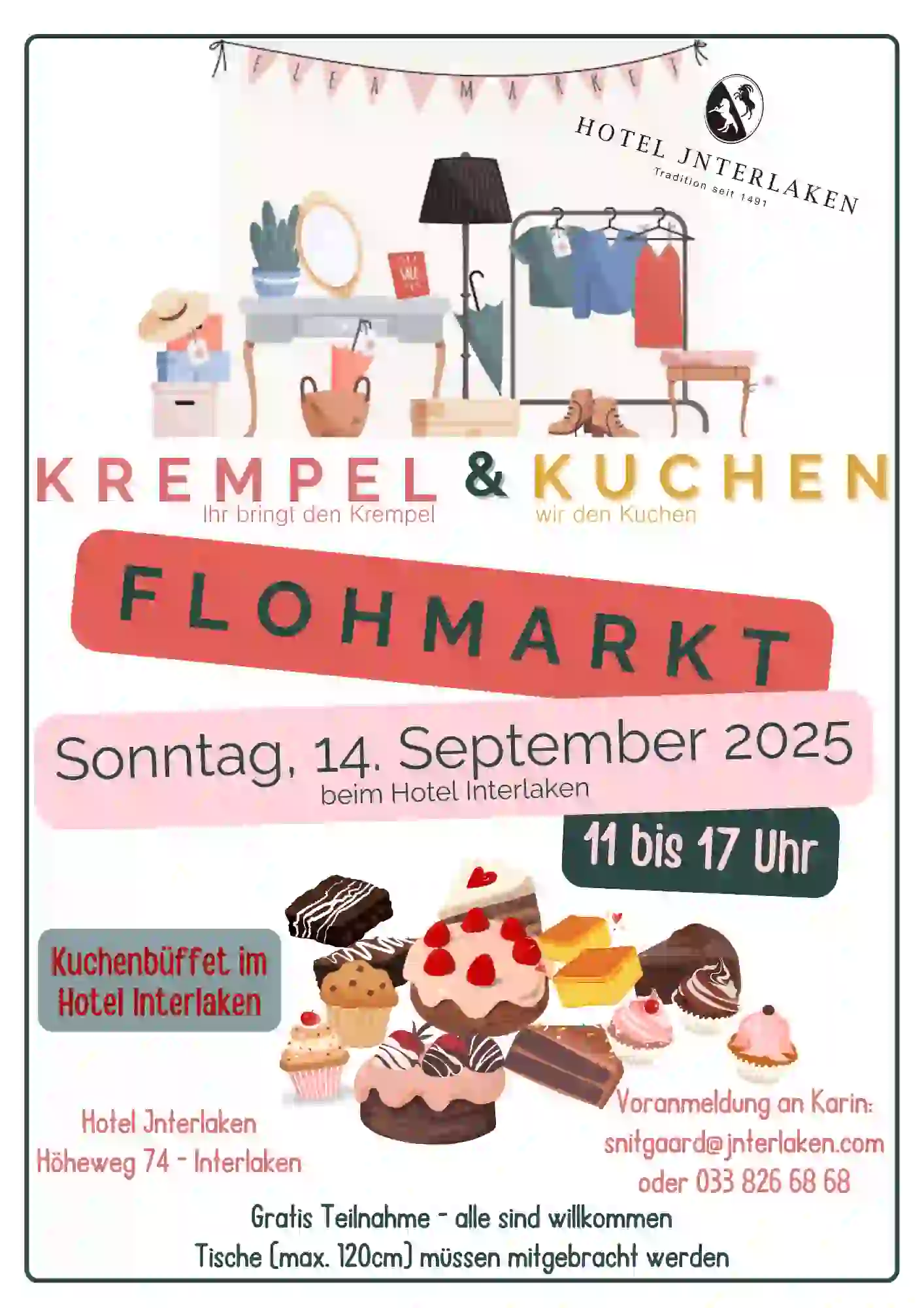 Flyer for a flea market and cake event at Hotel Interlaken on Sunday, 14 September 2025, from 11 am to 5 pm, featuring a cake buffet, decorations of vintage items, and contact information for table reservations.