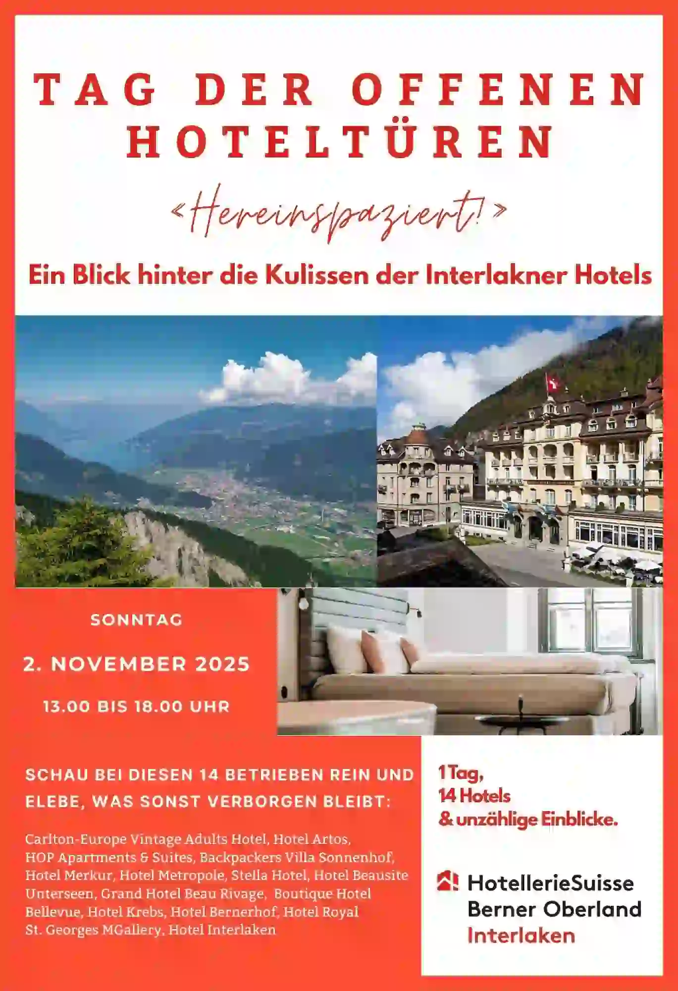 Event flyer in German for Tag der offenen Hoteltüren in Interlaken on November 2, 2025, with images of a hotel room and mountain view, logos, and list of participating hotels.