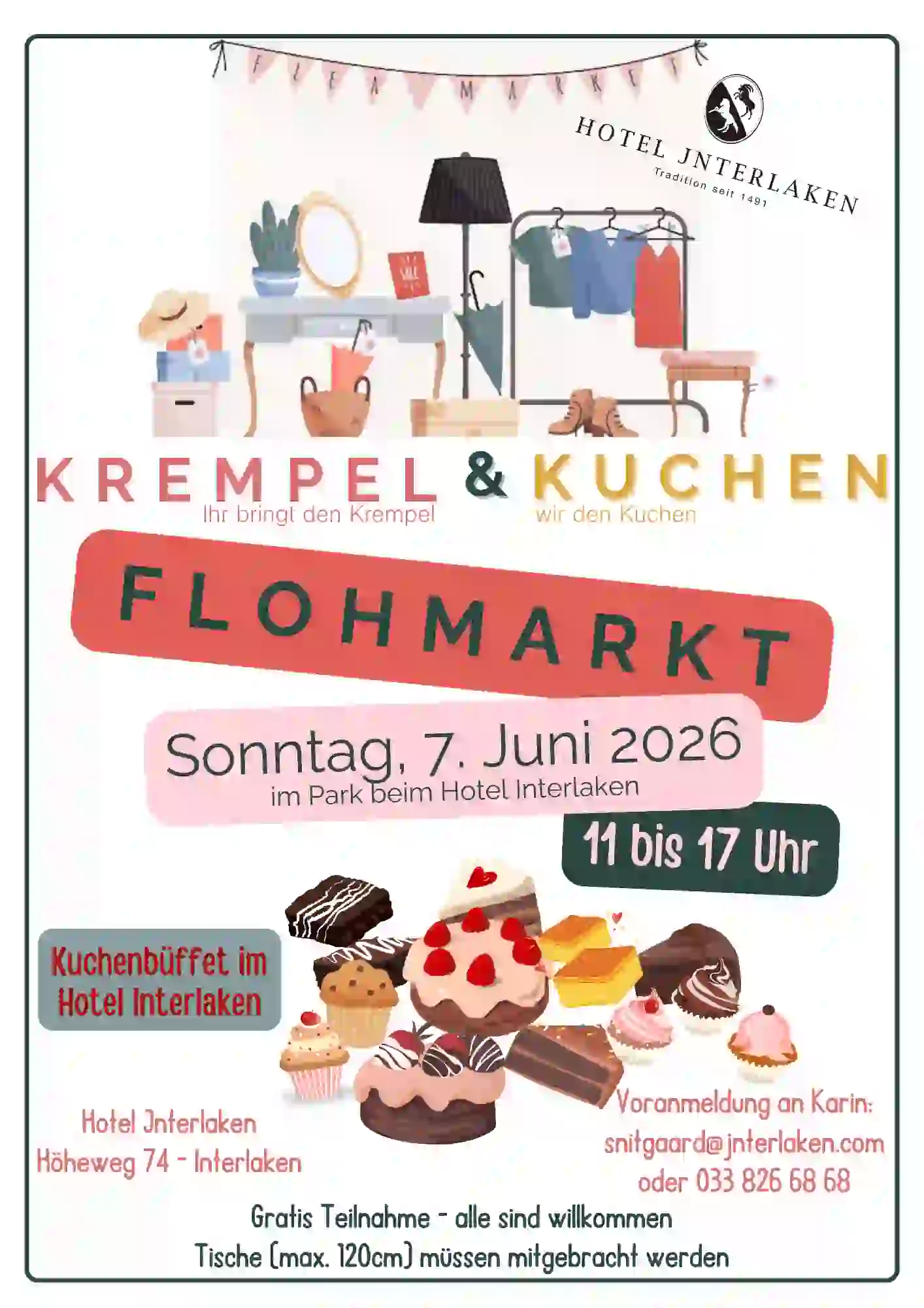 Veranstaltungsflyer für den Flohmarkt "Krempel & Kuchen" am Sonntag, 7. Juni 2026, von 11 bis 17 Uhr im Hotel Interlaken, mit einem Kuchenbuffet und Veranstaltungshinweisen in deutscher Sprache mit verspielten Bildern von Kuchen und Verkaufsartikeln.